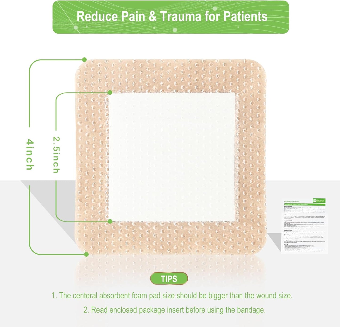 NeuHeils Silicone Adhesive Foam Dressing with Gentle Border 4''x4'' for Bed Sore Leg Ulcer 10 Pack, High Absorbency Waterproof Silicone Wound Bandage