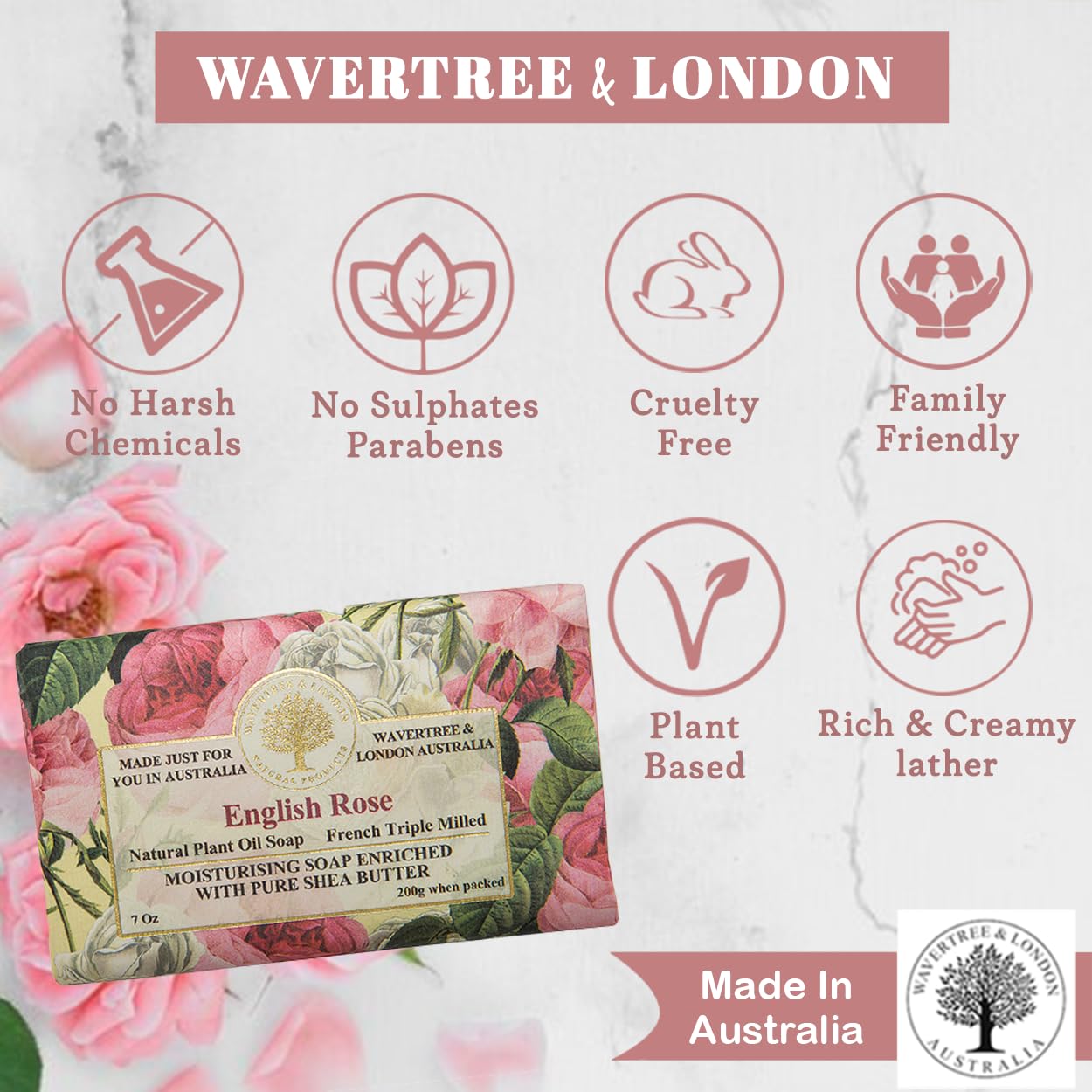 Wavertree & London English Rose Scented Natural Soap Bars for Women & Men (8 x 7oz) – Moisturizing Triple-Milled Soap Bars Enriched with Shea Butter – Plant-Based Bath & Body Bar for All Skin Types