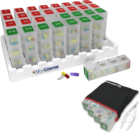 31-Day Low Profile Pill Organizer with Travel Pouch & Tweezers – Monthly Medication Management System with Daily Labeled Pill Boxes for Home & Travel Use