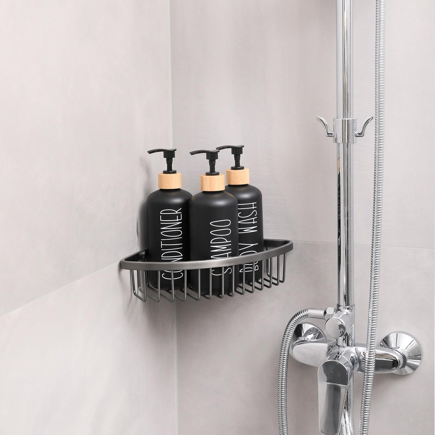 MOMEEMO Black Shower Soap Dispenser Set, Contains 3 Extra-Thick PET Plastic Bottles with Bamboo Pumps, Shampoo Bottles Refillable with Pump Perfect for Guest Room Must Haves. (Black)