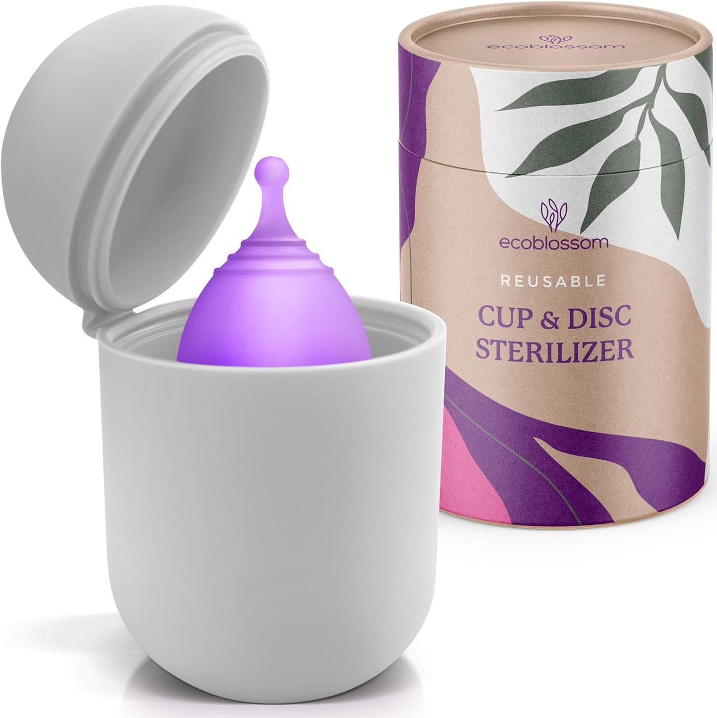 EcoBlossom Menstrual Cup Case and Sterilizer - Reusable Silicone Sterilizing Holder - Cleaner Period for You and Your Disc or Cup - Portable Cleaning Container & Microwave Steamer (White)