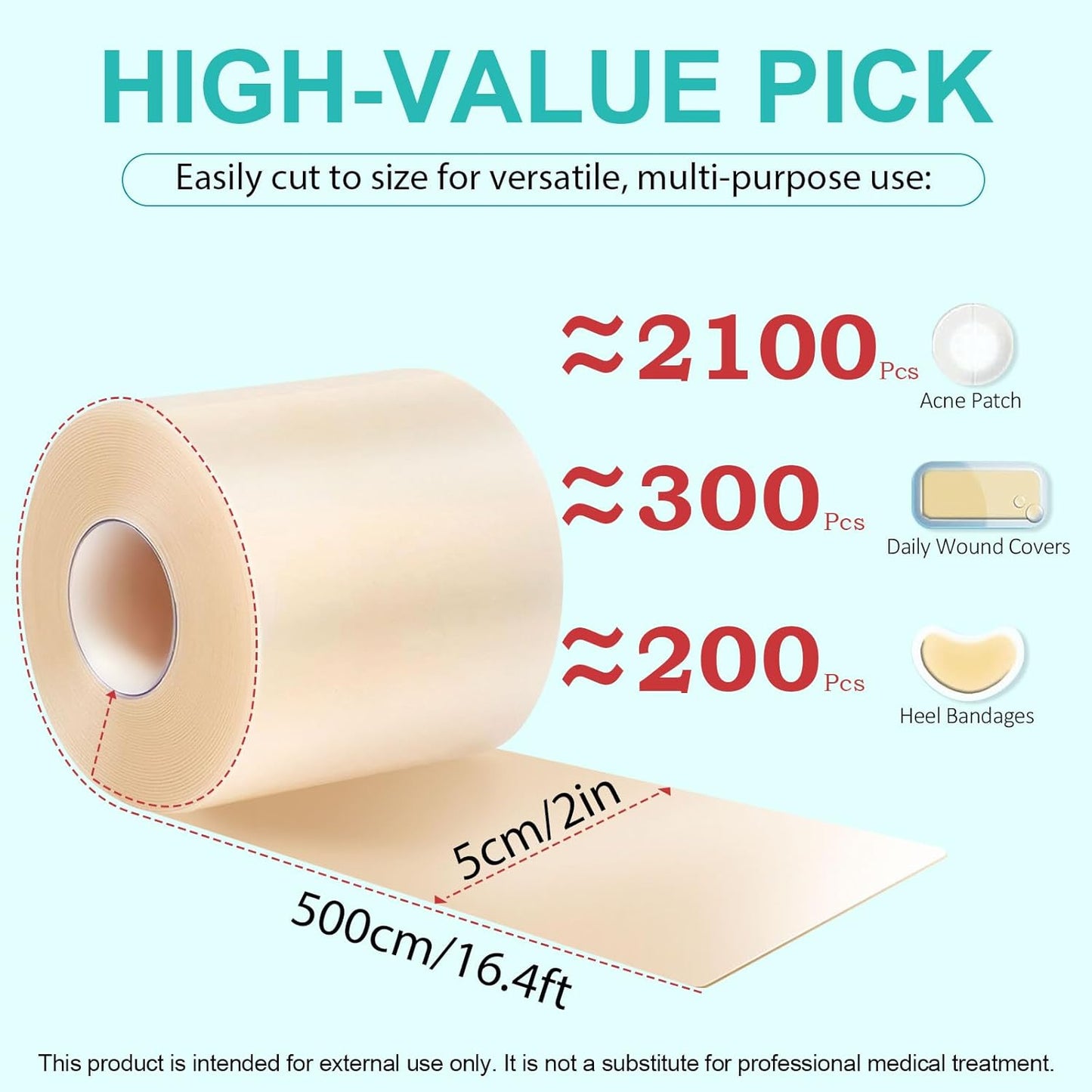 Hydrocolloid Roll, Medical-Grade Hydrocolloid Bandages for Wound Care, Extra Large Hydrocolloid Patch Bandages with Self-Adhesive, Cut-to-Size, Flexible Waterproof,First Aid Kit Essential(2in*16.4ft)