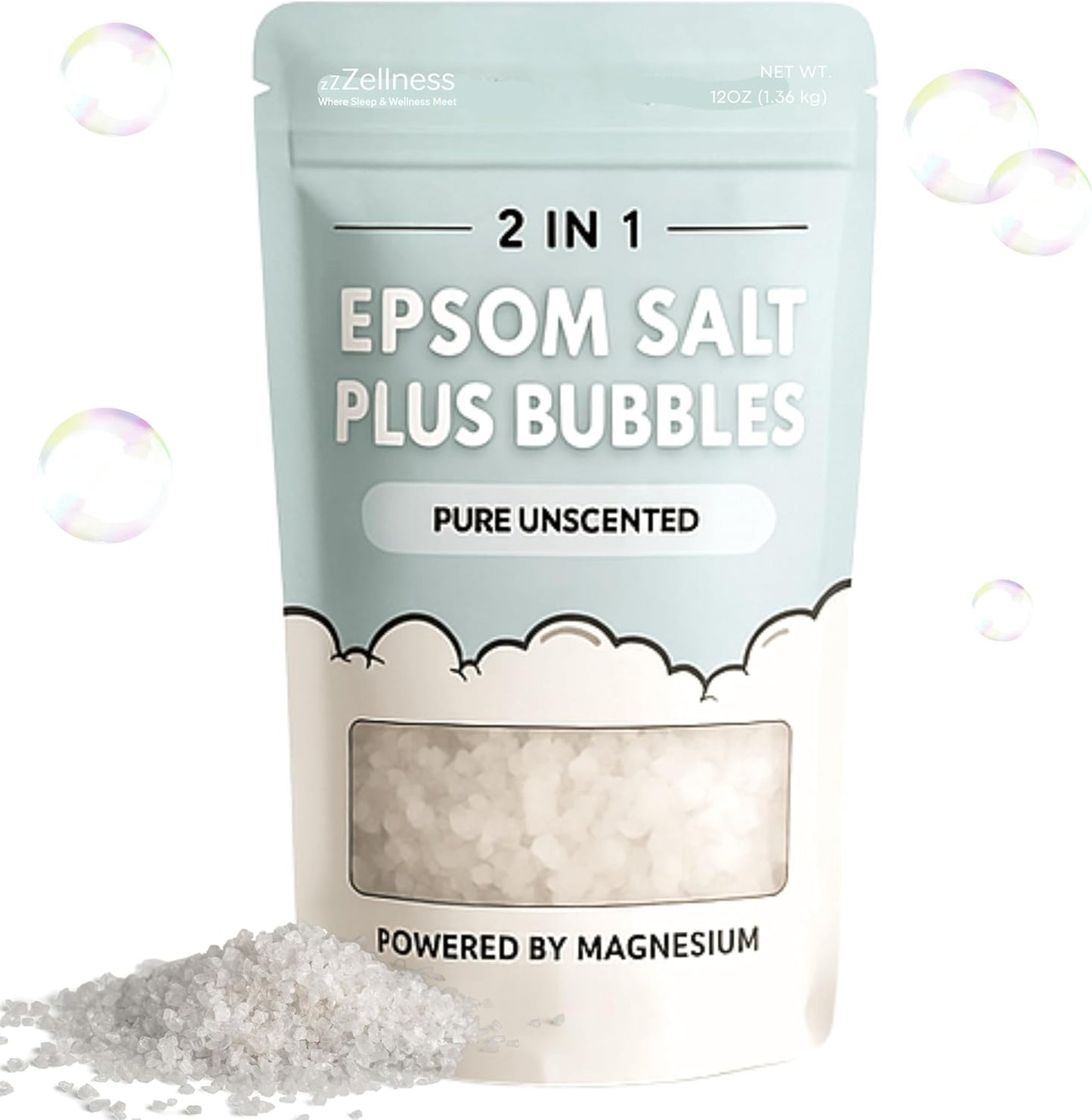 Epsom Salt Plus Bubbles – Pure Unscented Foaming Bath Soak – Magnesium Sulfate for Muscle Recovery, Stress Relief & Relaxation – Great for Aromatherapy – 12 oz