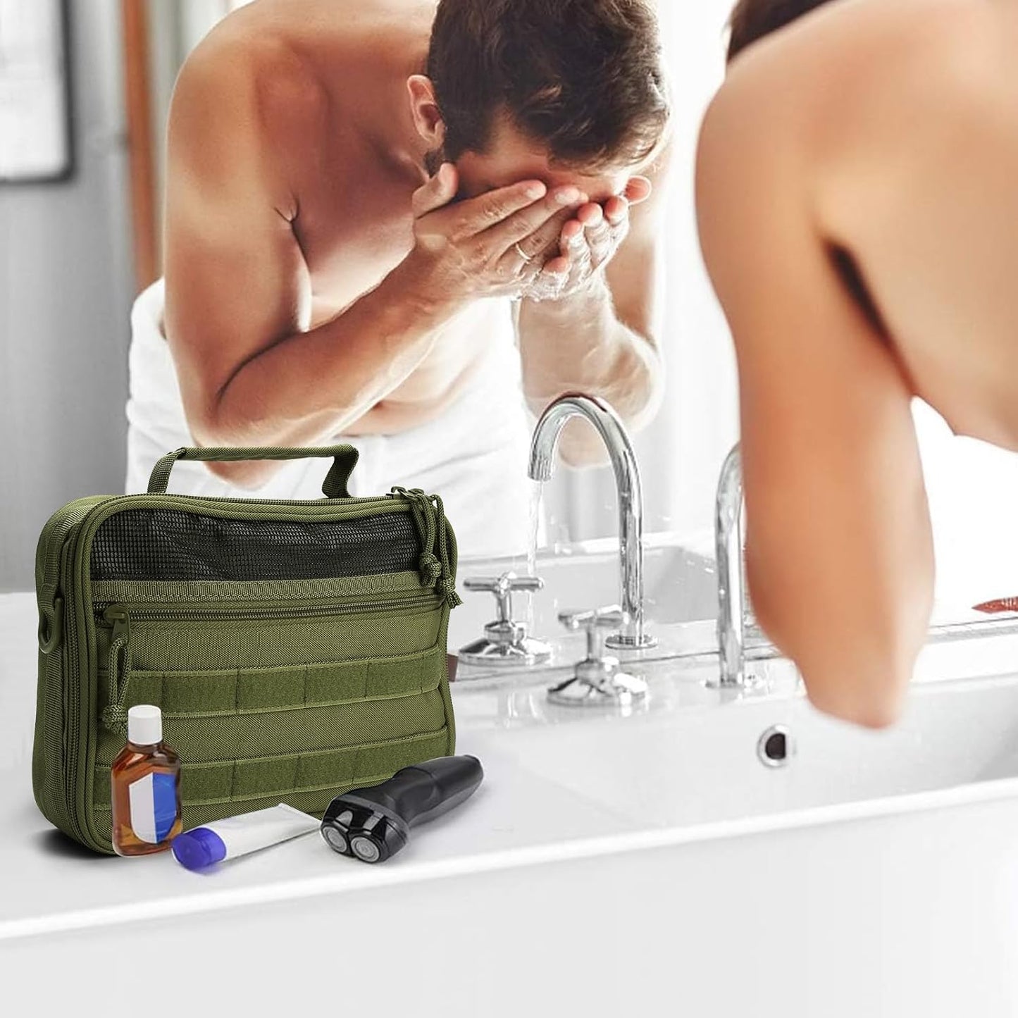 SMONT Toiletry Bag for Men Travel Toiletry Organizer Dopp Kit Organizer Toiletries Travel Bag Shaving Hygiene Bag Bathroom Hanging Men's Toiletry Bag for Short Trips Army Green