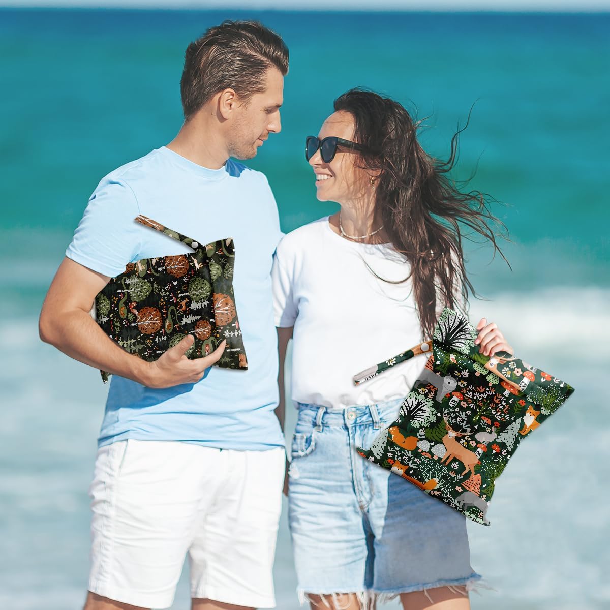 2Pcs Forest Animals Print Wet Bags, Wet Dry Bag Reusable for Swimsuit, Travel, Diapers, Pool, Beach, Dirty Yoga Gym Clothes, Toiletries, Makeup Bag, Zipper Pouch Waterproof Birthday Christmas Gifts