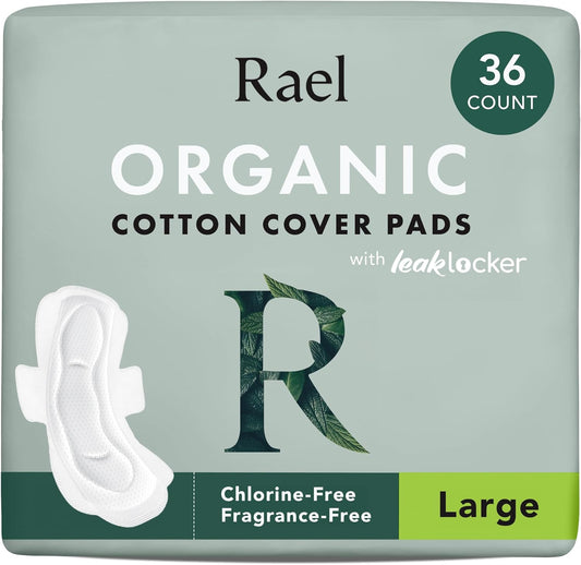 Rael Pads for Women, Organic Cotton Cover - Period Pads with Wings, Feminine Care, Sanitary Napkins, Heavy Absorbency, Unscented (Large, 36 Count)