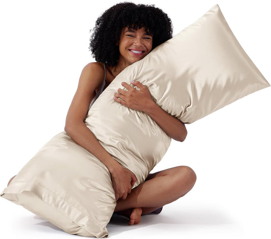 Bedsure Body Pillow Cover 20x54 Inches - Beige Satin Similar to Silk Pillowcase for Hair and Skin, Cooling and Silky Long Body Pillow Pillowcase with Envelope Closure, Gifts for Women Men