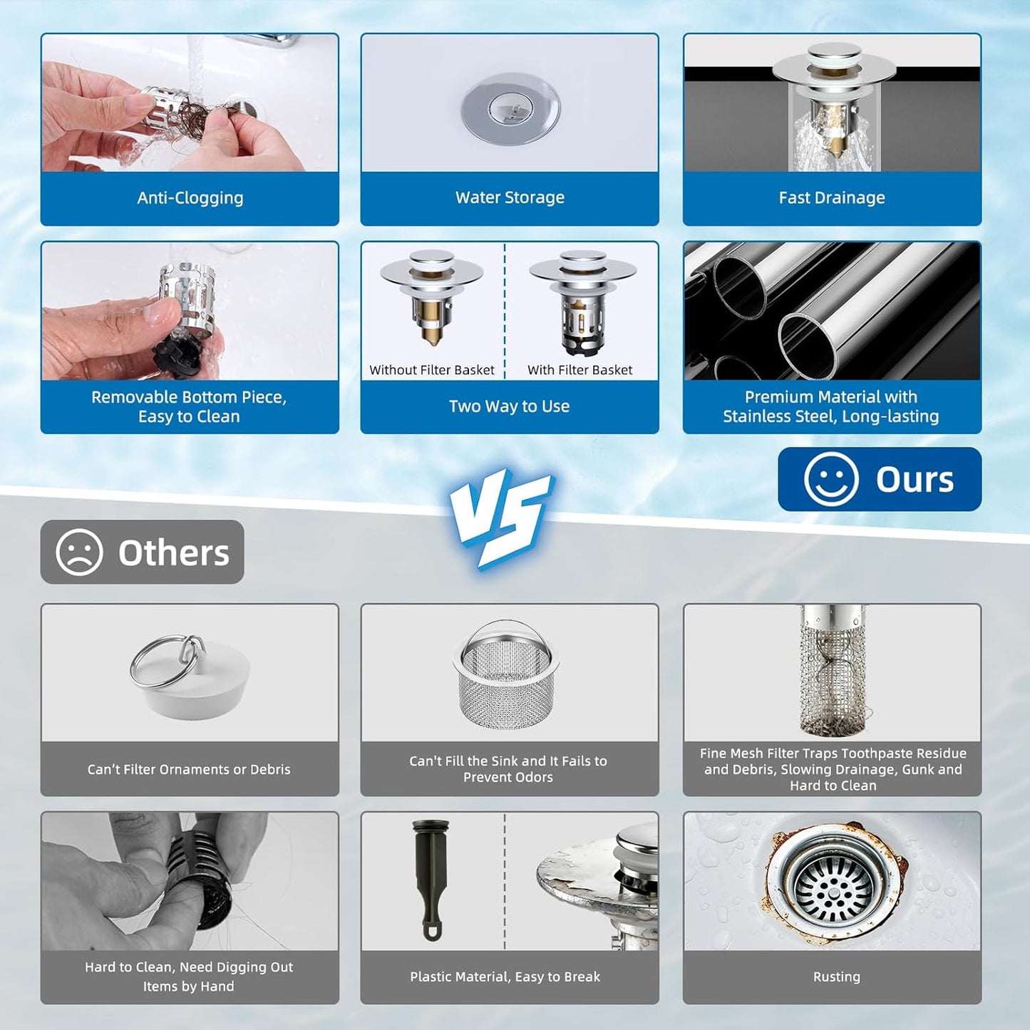 Hibbent 4 Pack Upgraded 3 in 1 Bathroom Sink Drain Strainer, Universal Pop Up Stopper with Removable Stainless Steel Filter Basket Hair Catcher, Sink Plug for 1.1''~2.36'' Basin, Brass Core, Chrome