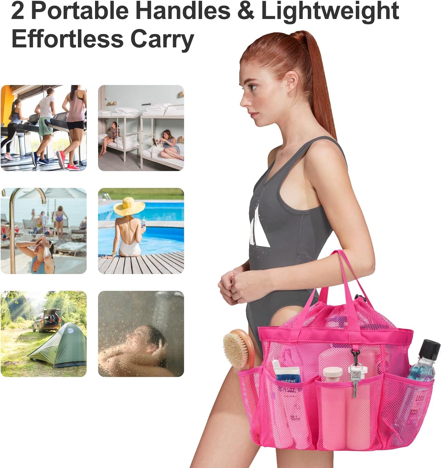 F-color Mesh Shower Caddy Portable with Drawstring - Upgrade Deeper 7 Pockets Dorm Room Essentials for Guys Girls with S Hook, Shower Bag Basket Tote for College Camping Toiletry Bathroom, Rose red