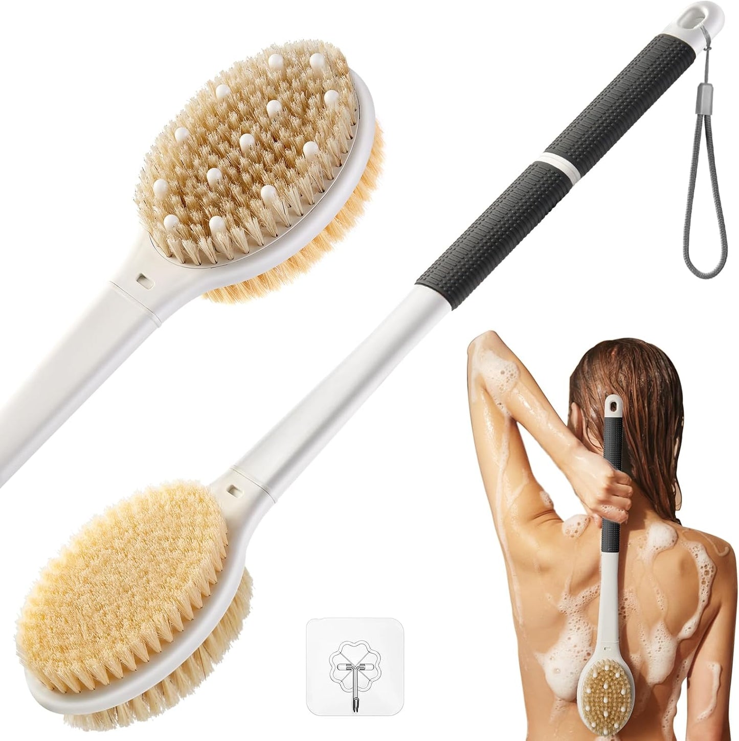 Shower Brush for Massage Dry Brushing: Back Scrubber for Shower with 18.1 in Anti Slip Long Handle - Bath Body Brush for Lymphatic Drainage Exfoliator Improving Skin Health for Women Men Elderly Black