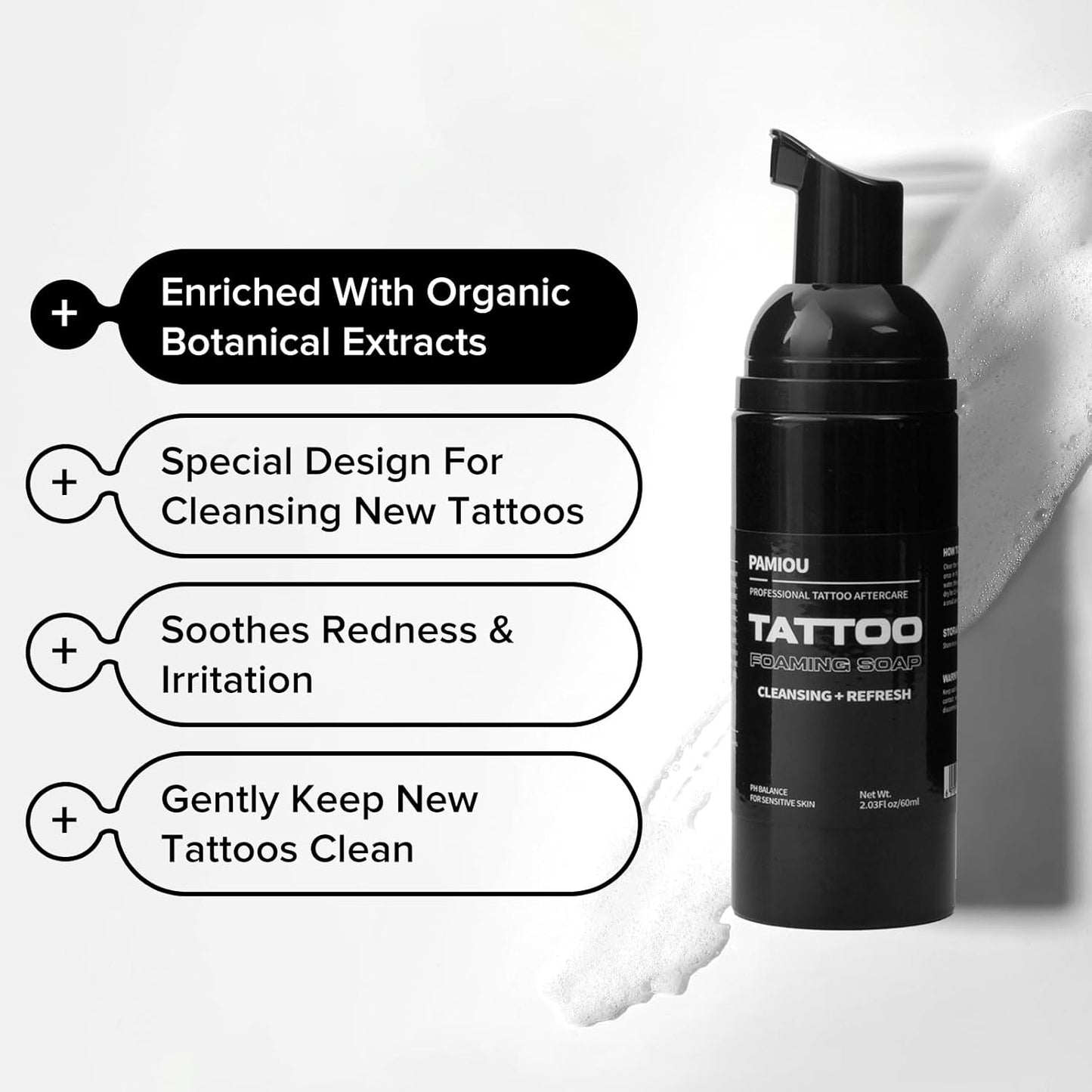 Tattoo Aftercare Soap For New Tattoos, Cleansing, Moisturizing With PH Balance, Non-Irritating, Fragrance Free, Sensitive Skin Friendly - Travel Size 60ml