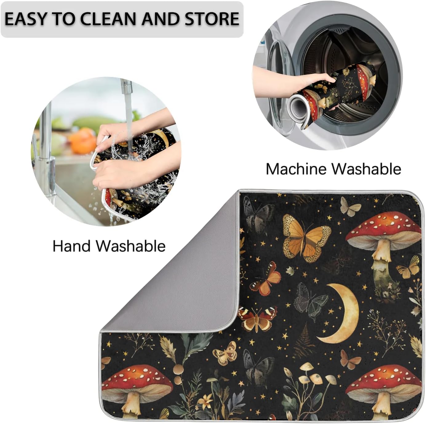 Hexteria Mushrooms and Butterflies Dish Drying Mat for Kitchen Counter Microfiber Absorbent Dish Draining Reusable Washable Foldable Extra Large 18"x24"
