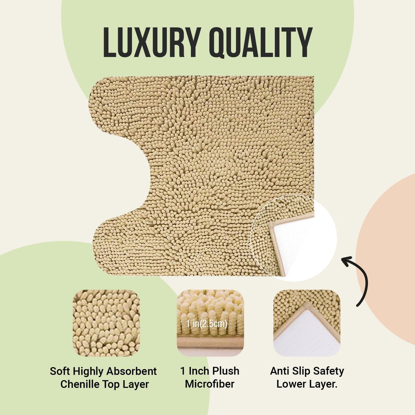 ITSOFT Non-Slip Shaggy Chenille Toilet Contour Bathroom Rug with Water Absorbent, 24 x 21 Inches U-Shaped Beige