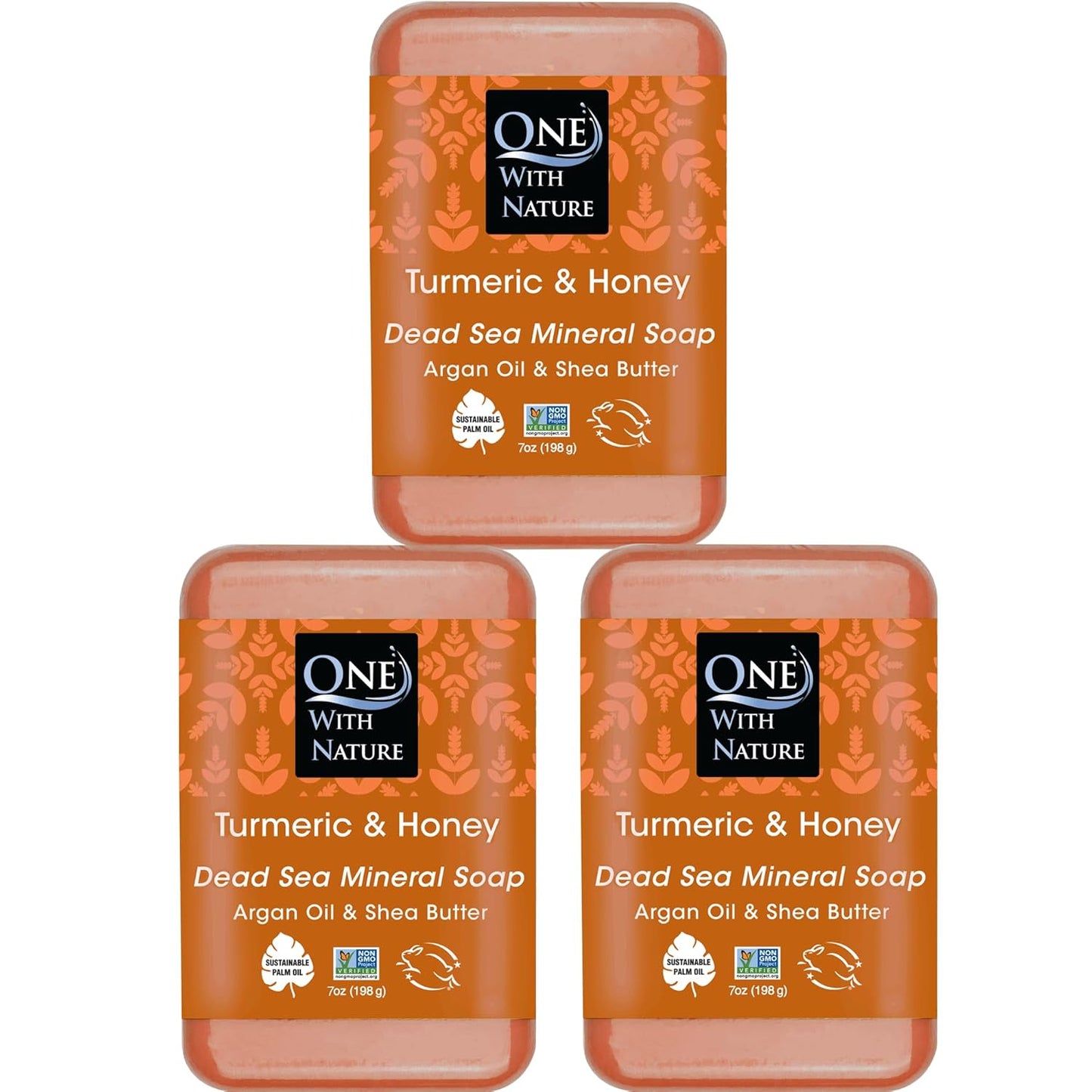 One With Nature Dead Sea Salt Turmeric Soap 7oz 3-Pack – Purifying and Exfoliating Soap Bar with Dead Sea Minerals and Honey for Face & Body, for Men & Women