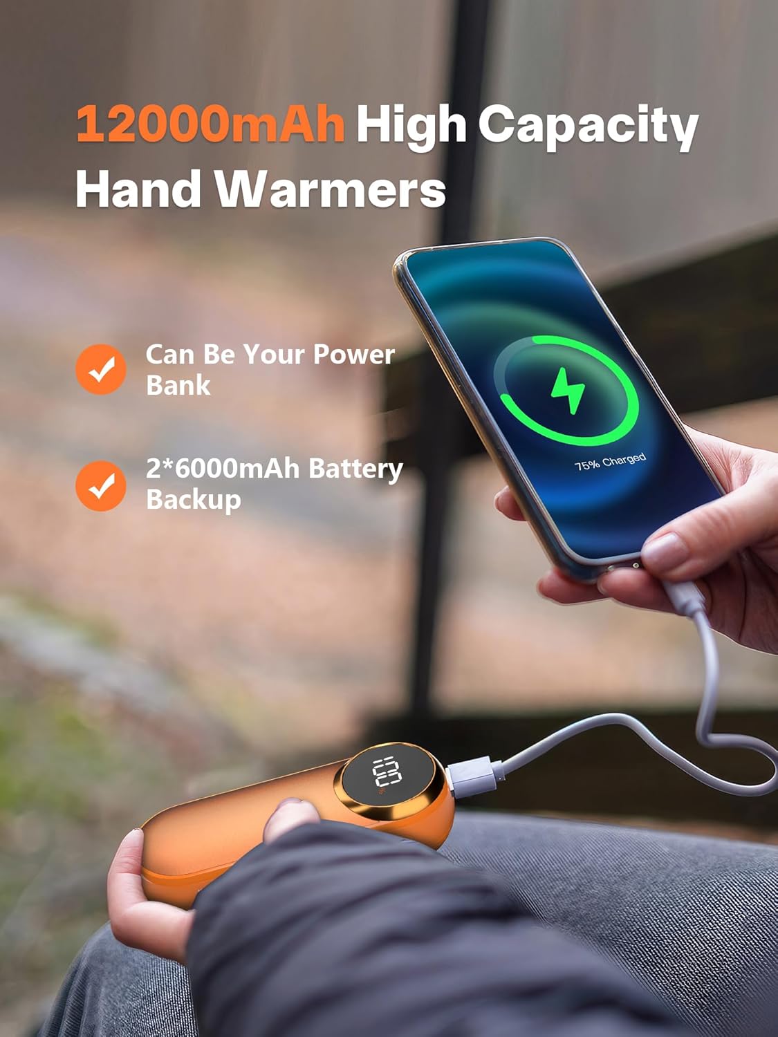 Hand Warmers Rechargeable,12000mAh Electric Hand Warmers with Light, 2 Pack Pocket Hot Hands Reusable Up to 20 Hours, Double Sided Heat Portable Heater for Hunting, Camping Gear, Stocking Stuffers