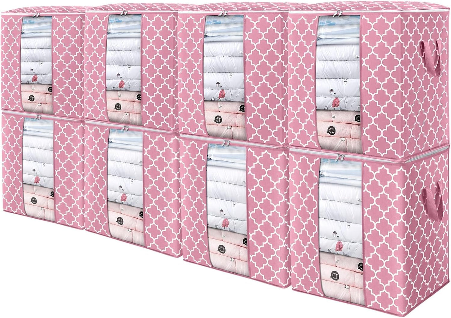 WISELIFE Storage Bags 8 Pack/100L Large Blanket Clothes Organization and Storage Containers for Comforters,Bedding, Foldable Organizer with Reinforced Handle, Clear Window, Sturdy Zippers,Pink