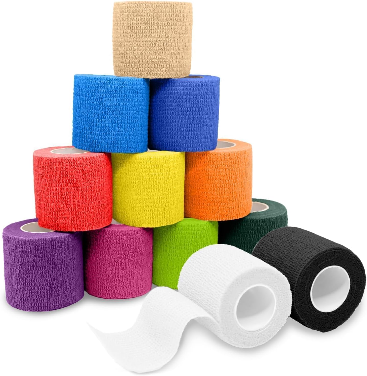 FriCARE Self Adhesive Bandage Wrap, Medical Tape in First Aid Kit, Cohesive Bandages for Wounds Sport Vet, 2 Inches X 5 Yards 12 Rolls, Brilliant