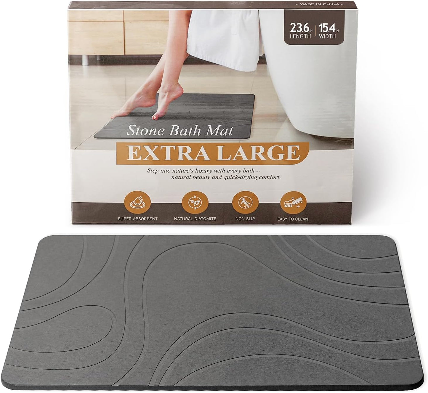 Quick Dry Stone Bath Mat for Bathroom Non Slip Diatomaceous Earth Shower Bath Mat, Magic Super Absorbent Diatomite Stone Water Absorbing Bathmat Bathroom Shower Floor Mat Grey