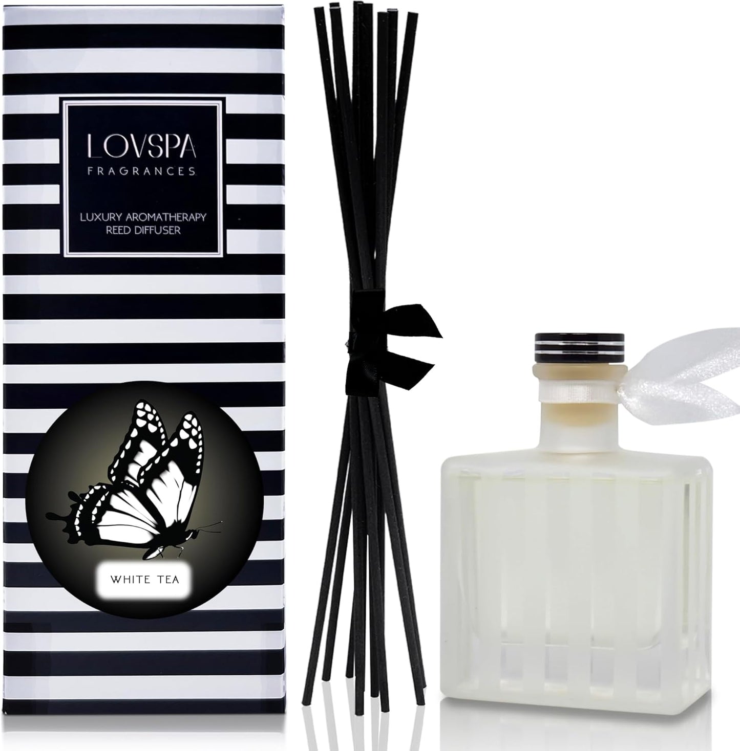 LOVSPA Reed Diffuser Set, White Tea Scented Oil Diffuser with Sticks, Home Fragrance Accessories for Bathroom Shelf Decor, Aroma Diffusers for Home or Office Desk, USA Made
