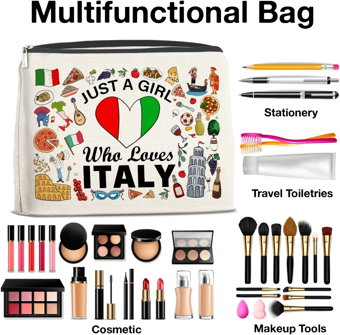 Italian Lover Makeup Bag Gifts for Women, Italy Travel Lover Gifts Italy Themed Gift Cosmetic Bag Zipper Makeup Pouch