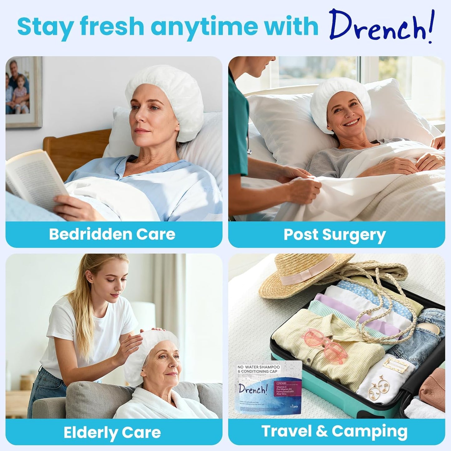 Drench No Water Hair Washing Cap - Waterless Shower Caps with Shampoo and Conditioner - Disposable Rinse Free Wash Aids - Ideal for Elderly and Disabled - Pack of 18