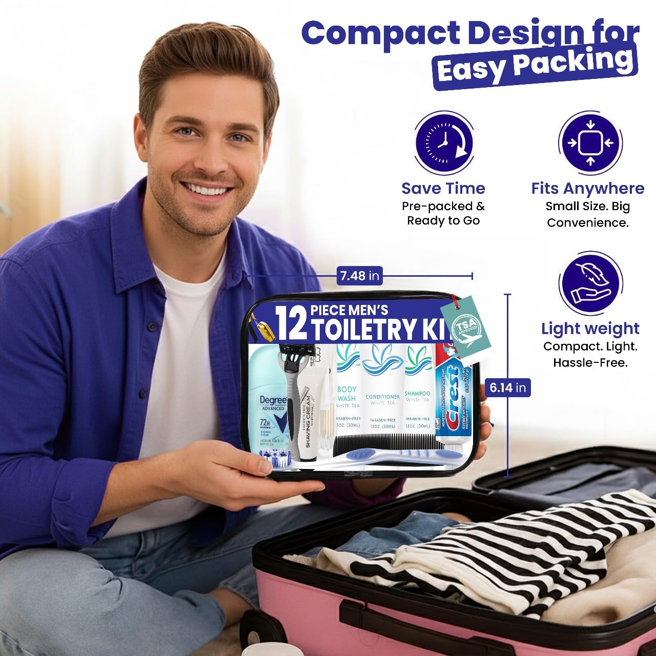 Trektote Bulk Hygiene Kit For Men – (25 Pack) 12 Piece Set Of Travel Size Toiletries, TSA Compliant, Bulk Travel Essentials, Includes Shampoo And Conditioner, Body Wash, Toiletry Bag & More