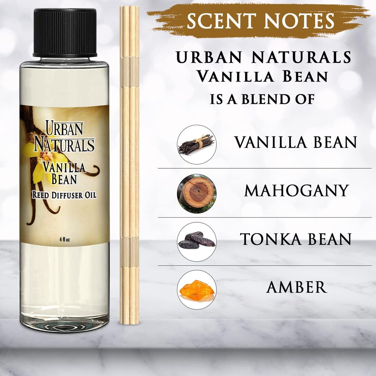 Urban Naturals Vanilla Bean Scented Oil Reed Diffuser Refill | Includes a Free Set of Reed Sticks! Vanilla Cream, Amber & Sweet Tonka Bean, 4 oz.