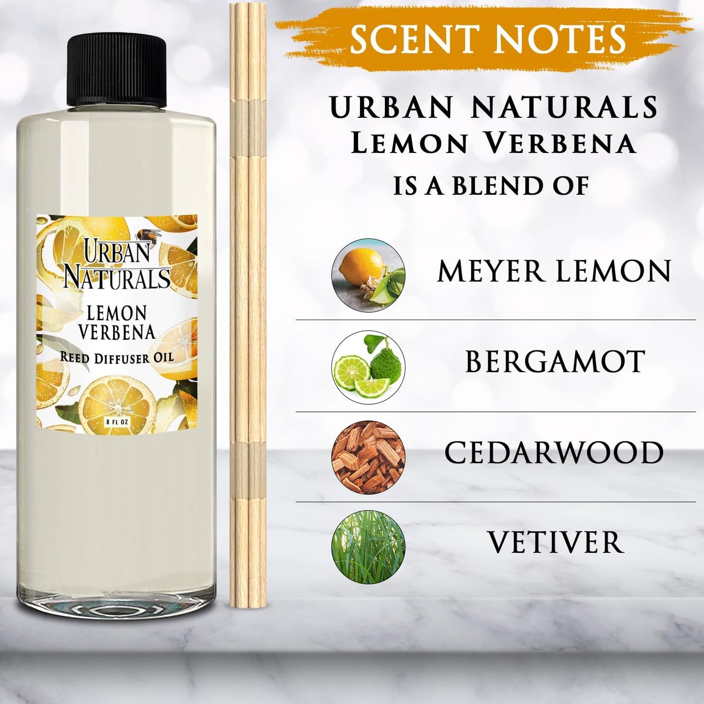 Urban Naturals Reed Diffuser Oil Refill Lemon Verbena with Lemon Zest, Bergamot, Vetiver, Cedarwood 8 oz + Free Reed Sticks, Made in The USA