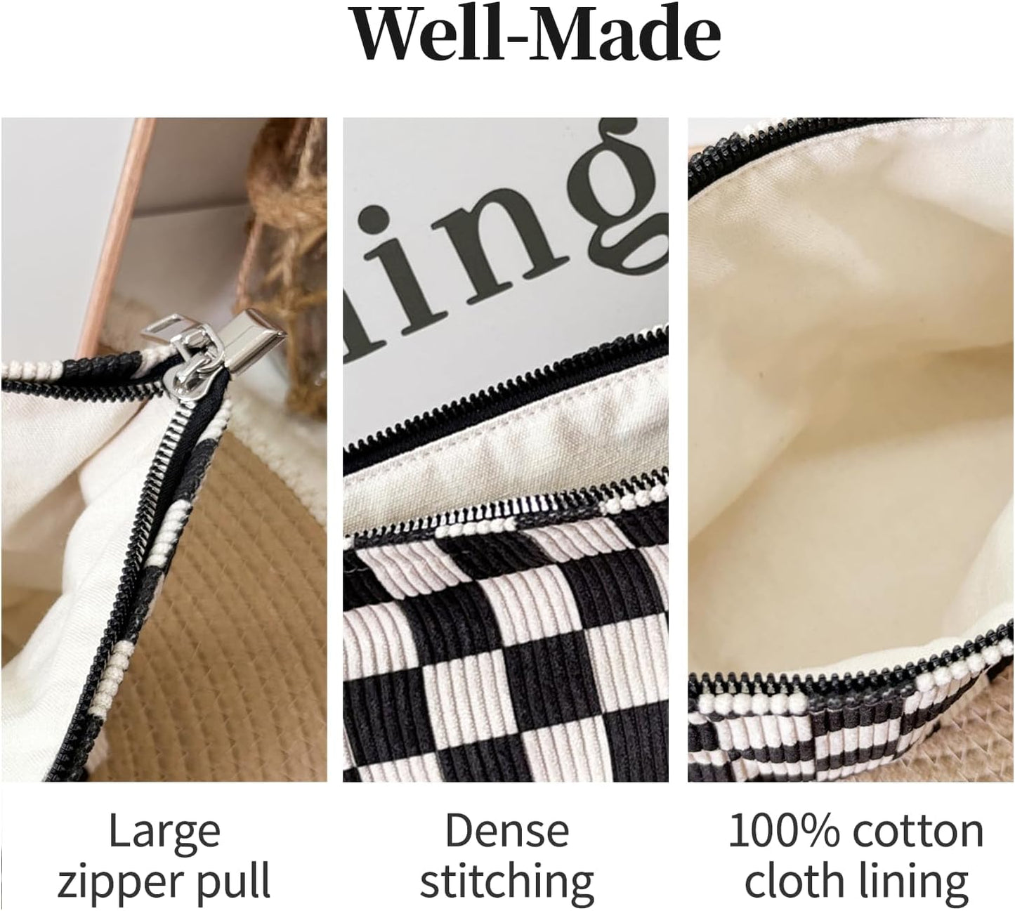 Checkered Corduroy Makeup Bag for Women, Black and White Gingham Cosmetic Bag with Zipper, Corduroy Travel Toiletry Bag, Sunscreen Sunblock Spf Bag, Hygiene Medicine Pouch,Organizer for Purse