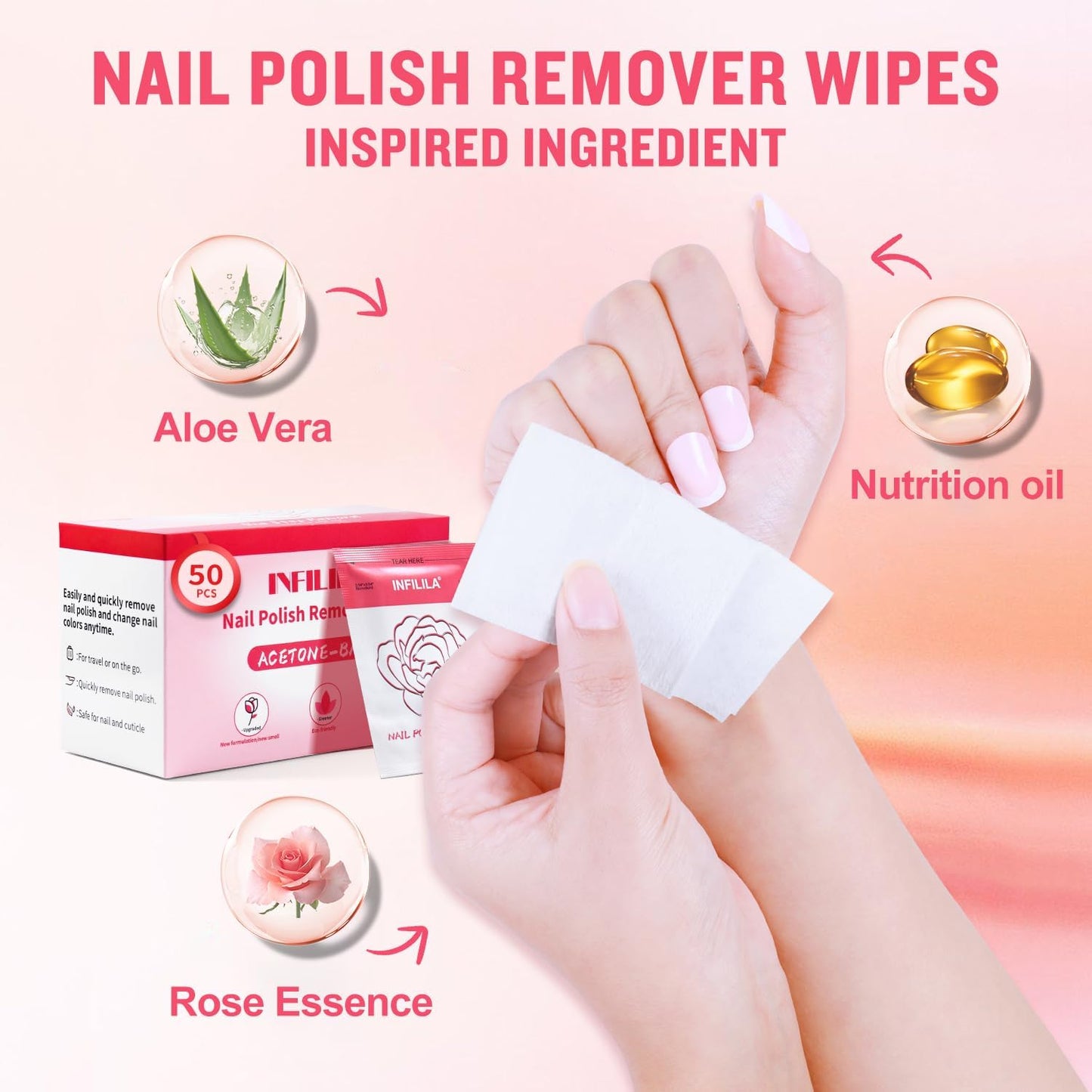 NXJ INFILILA Nail Polish Remover Pads Big Size 50 PCS Fingernail Polish Remover, Quick Nail Polish Remover Wipes, Portable Travel Kit to Clear Nail Polish for Home Professional Salon Supplies