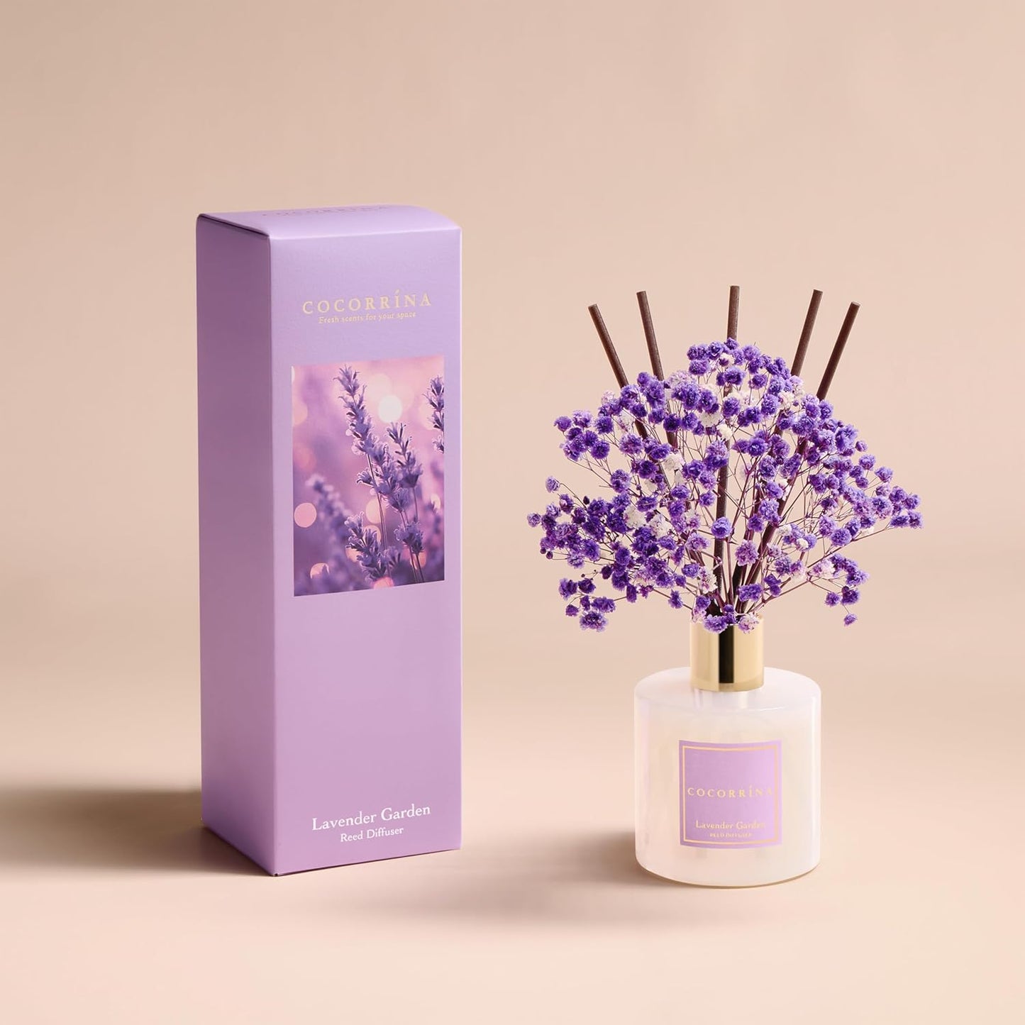 COCORRÍNA Reed Diffuser - Lavender Garden 6.7 Fl.oz Reed Diffuser Set with Sticks & Preserved Baby's Breath, Reed Diffuser for Home Bathroom Shelf Decor