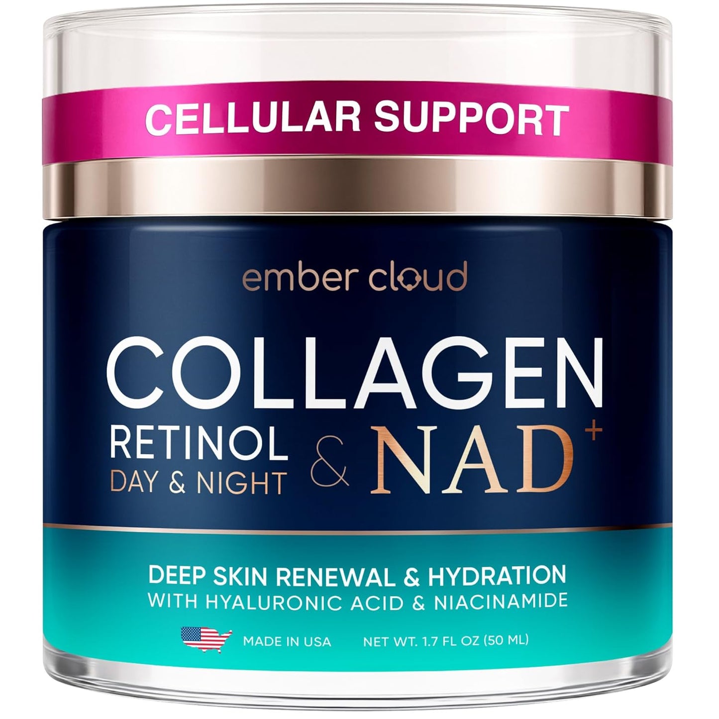 Collagen NAD+ Cream for Face Retinol Hyaluronic Acid Niacinamide for All Skin Types - Anti-Aging Face Moisturizer with Airless Pump - Day & Night Cream for Wrinkles - Made in USA 1.7 Oz