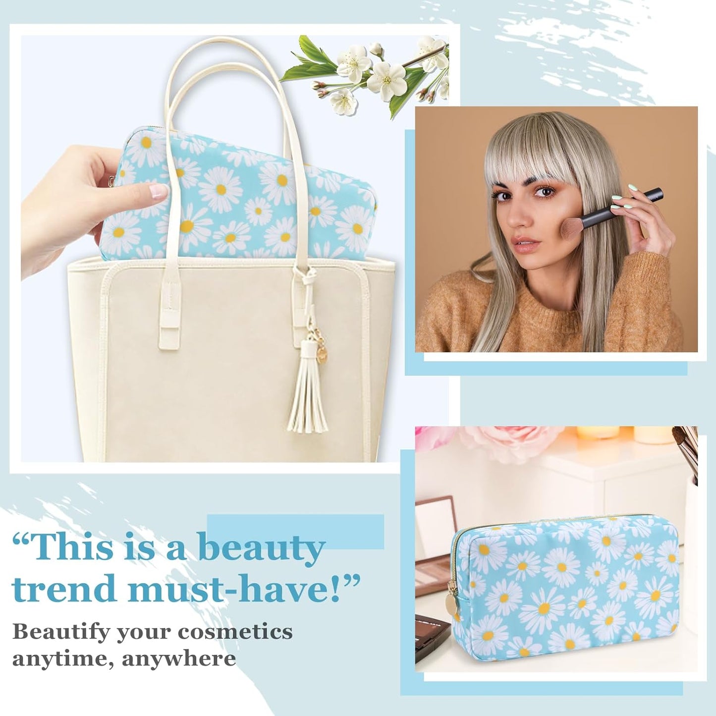 Nylon Small Floral Makeup Bag for Purse, Cute Preppy Travel Makeup Bag Flower Cosmetic Zipper Pouch Purse, Waterproof Portable Toiletry Makeup Brush Bag Clutch Organizer Storage for Women(Blue-Daisy)