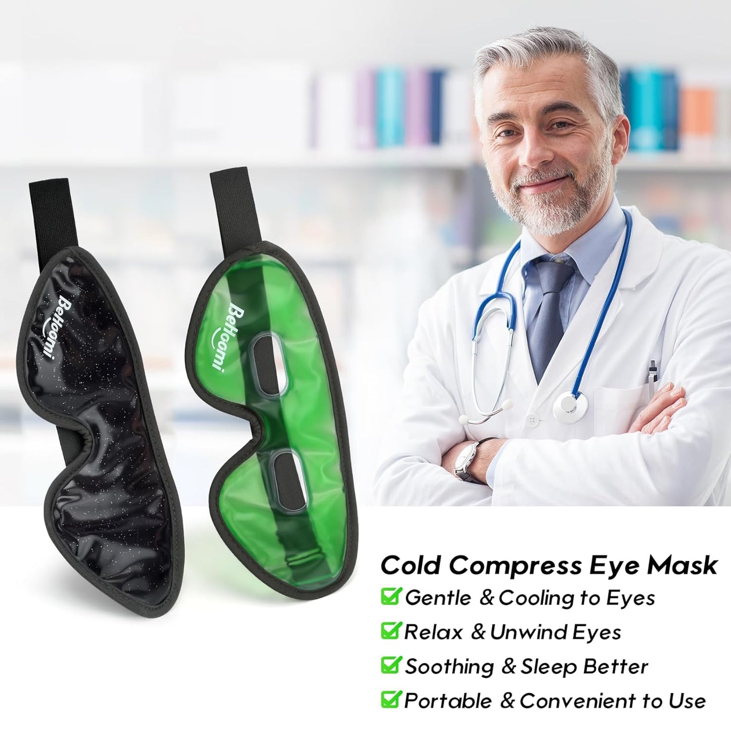 2Packs Cooling Eye Masks, Ice Eye Mask Cold Compress for Eyes, Reusable Cold Gel Eye Mask for Eye Relaxation, Comfort Snug Fit, Eye Cover for Home, Office, Black & Green