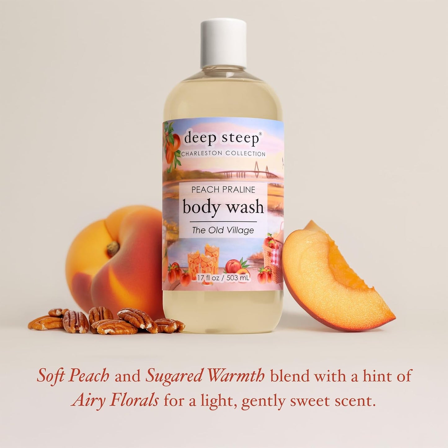 Deep Steep Body Wash, Peach Praline (The Old Village), 17 oz – Hydrating Shower Gel with Hyaluronic Acid, Shea Butter, Aloe Vera & Argan Oil – Vegan, Clean Beauty, Clean & Refreshed Skin