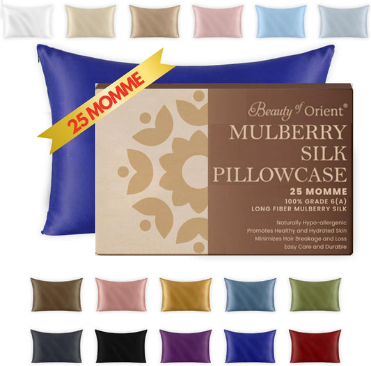 25 Momme Premium Mulberry Silk Pillowcase for Hair and Skin | Handcrafted Hypoallergenic & Anti-Acne Silk Pillow Cases with Zipper Standard - 20" x 26", Royal Navy