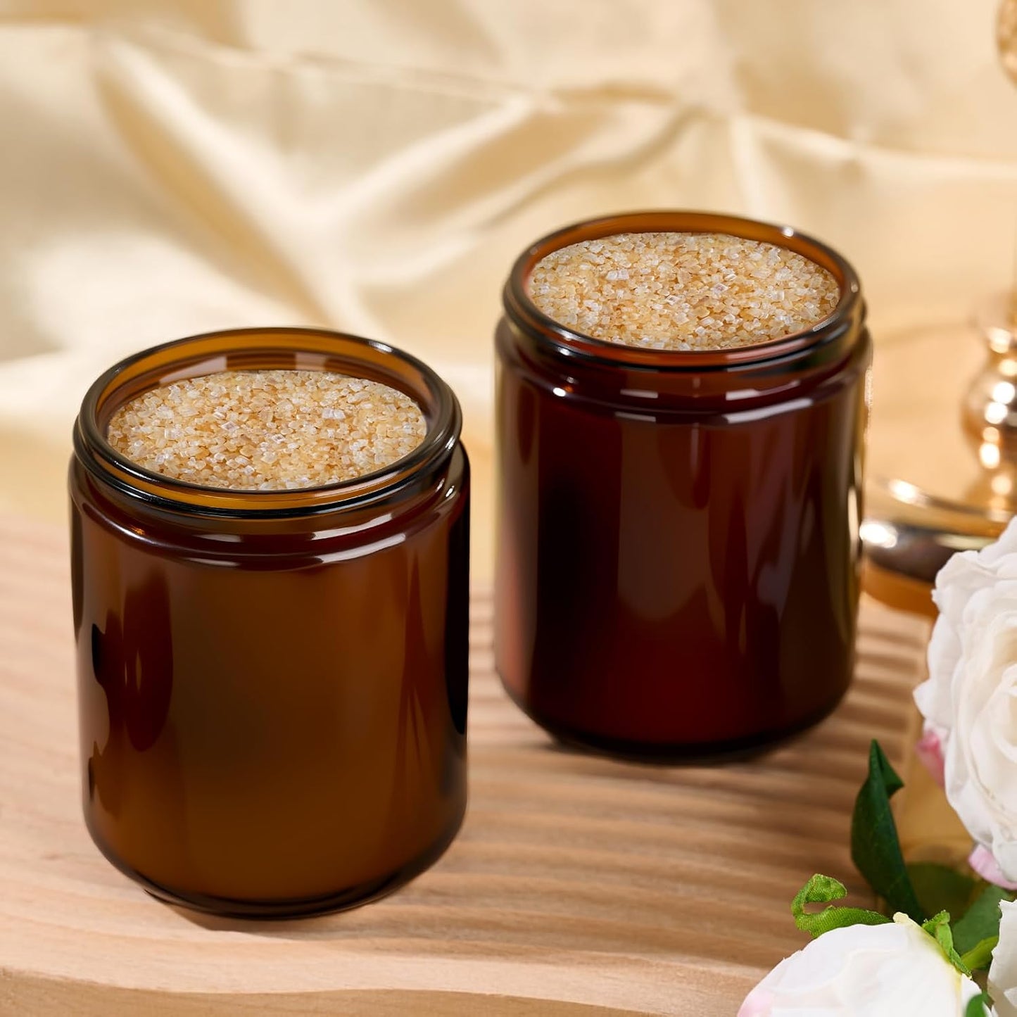 Hoa Kinh 8oz Amber Glass Jars with Lids - 2Pack Empty Airtight Storage Containers for Candle Making, Cosmetic, Spices, Crafts, Food - Refillable, UV Protection, Black Plastic Lid