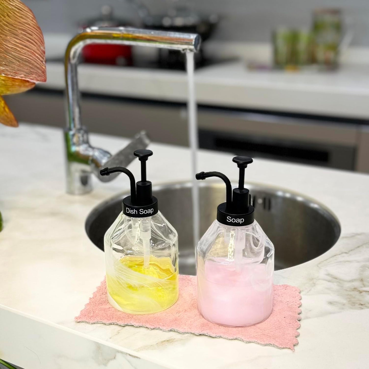 Bathroom Glass Soap Dispenser Set, 2 Pcs Unique 3D Cloud Pattern Thick Glass Soap Bottle with Rust-Free Black ABS Pump for Kitchen Counter Dish Soap Dispenser (375ml/12.7 Oz)