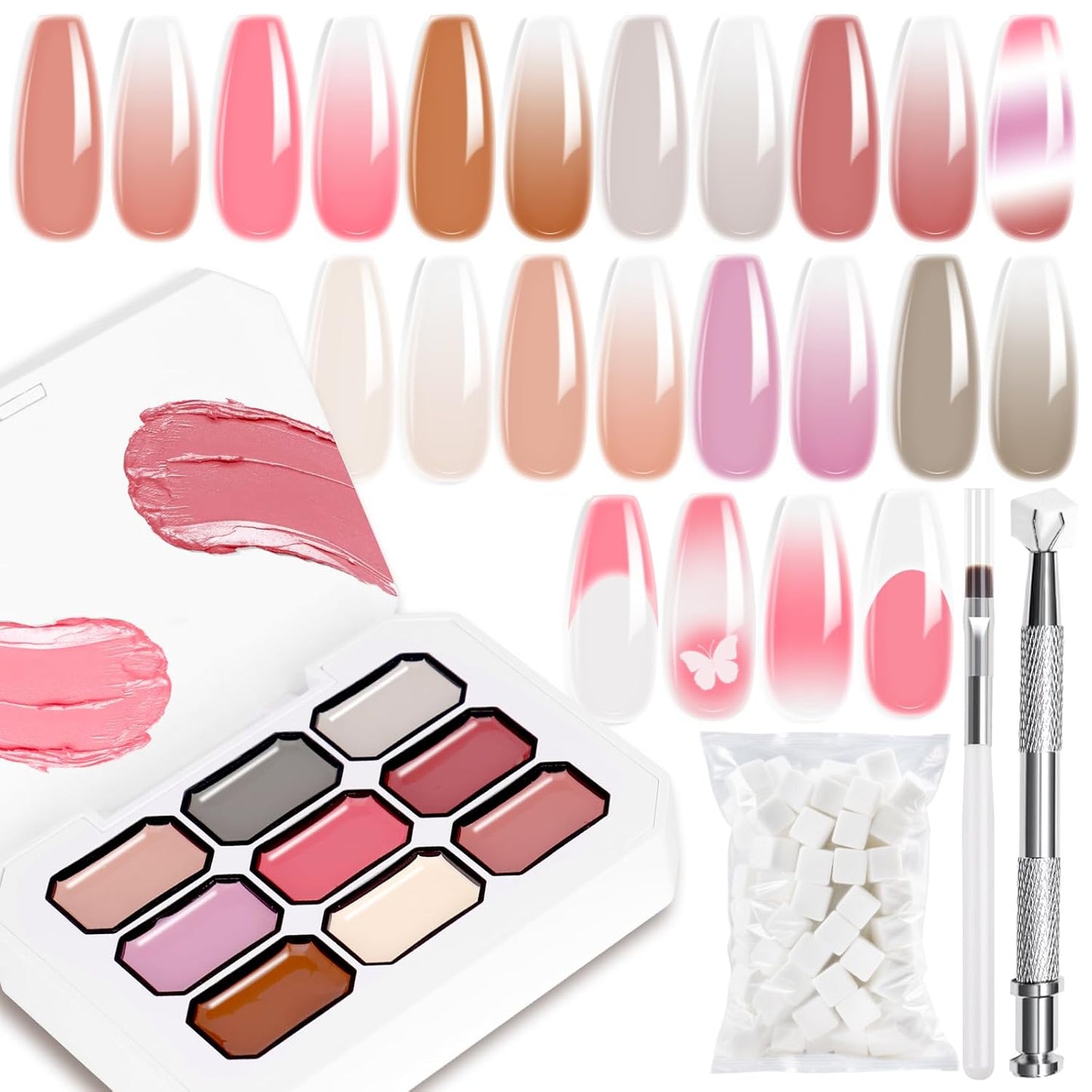 Gradient Painting Gel Set, 9 Colors Nude Pink White Ombre Gel Nail Polish with 50pcs Nail Sponges, 4 Claws Metal Grabber and Brush for Nail Art DIY Painted in Salon or Home Use