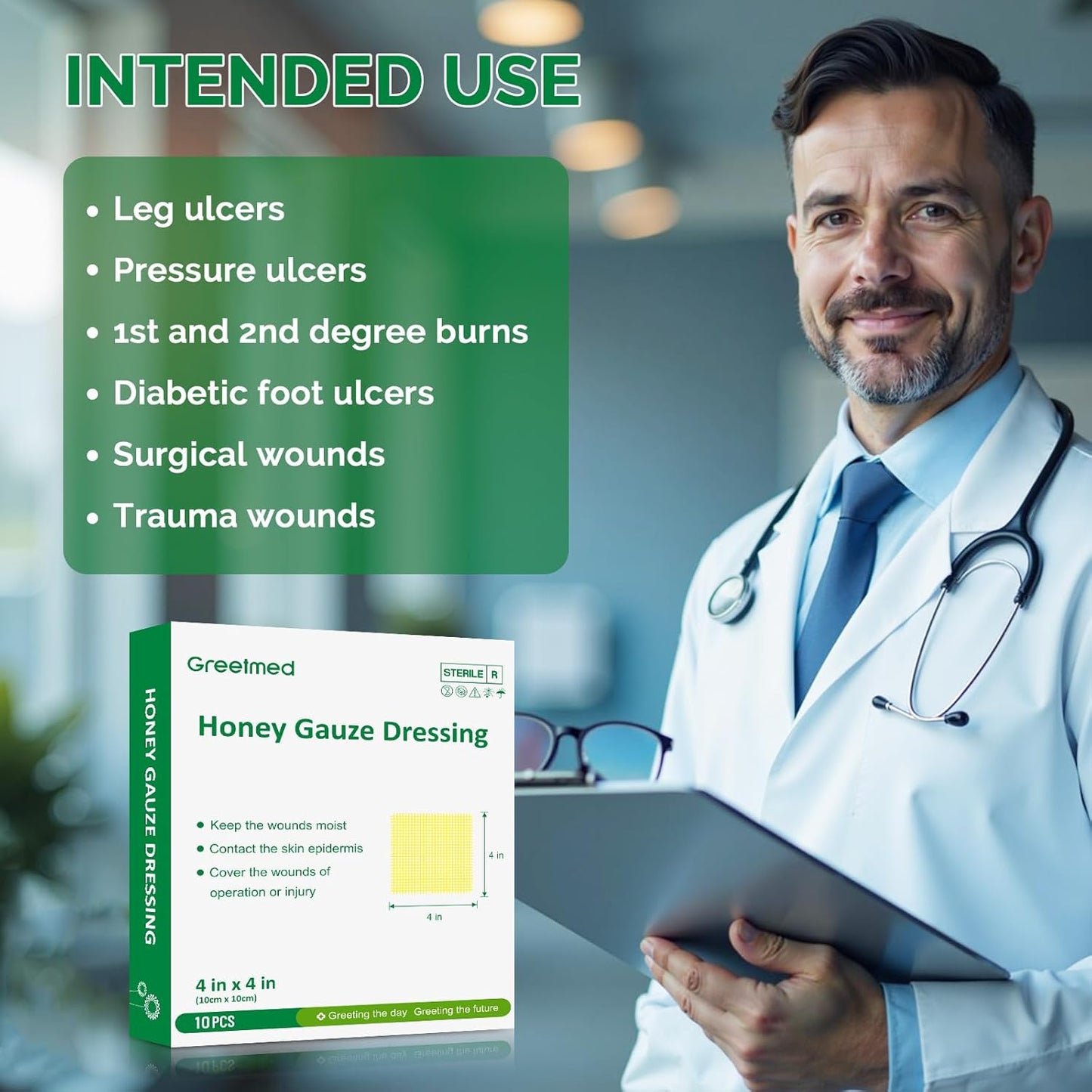 Honey Gauze Wound Dressing 4" x 4" Medical Grade Manuka Honey Wound Care Pads Honey Bandages for 1st & 2nd-Degree Burns, Abrasions, Cuts and Scalds (Individually Pack of 10)