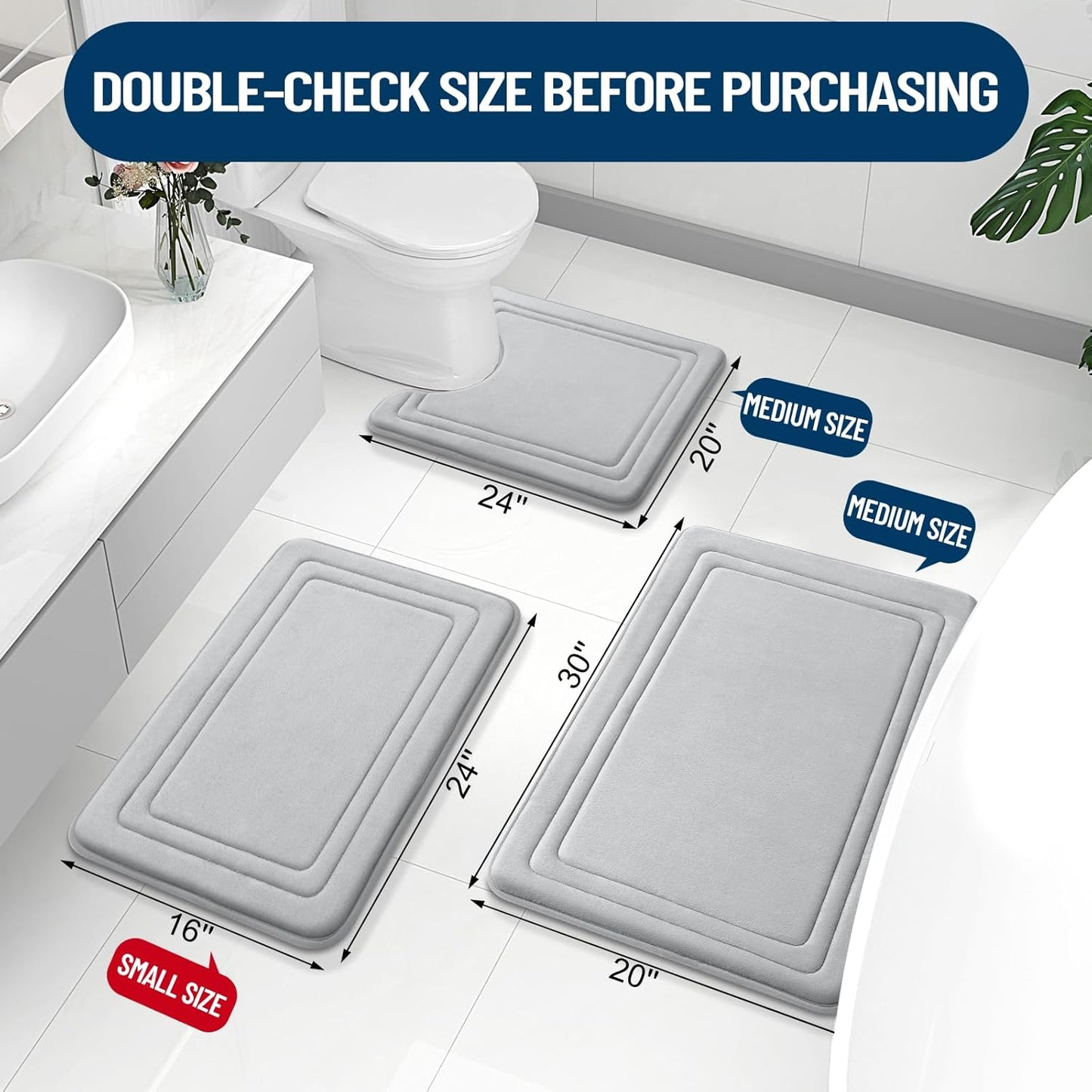 Grandaily Memory Foam Bath Mat Rug 59x20, Ultra Soft, Non-Slip and Absorbent Bathroom Rugs, Machine Wash Dry, Comfortable Bath Carpet for Bathroom Floor, Tub and Shower, Grey