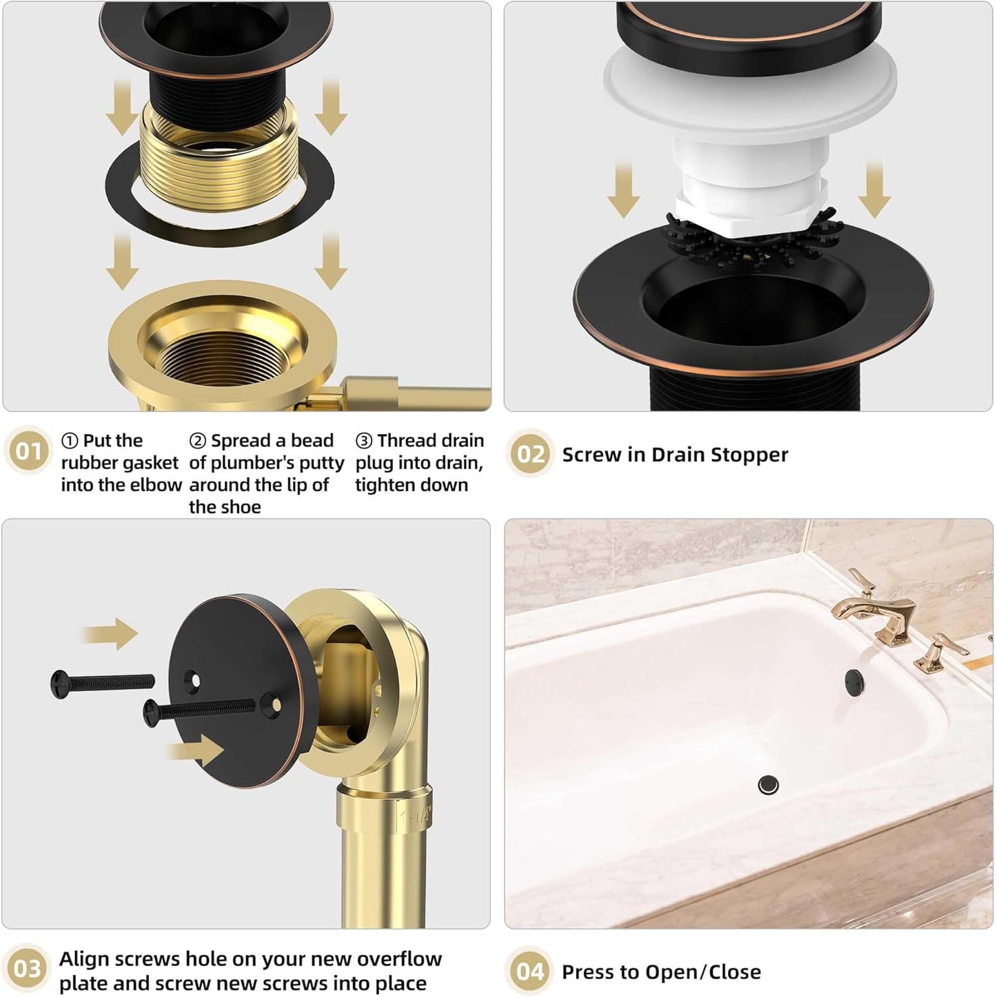 Oil Rubbed Bronze Tub Drain Kit with Hair Catcher, Premium Brass Tip-Toe Bathroom Tub Drain Replacement and 2-Hole Overflow Faceplate, 11.5/16 UNC Bathtub Drain Stopper Assembly