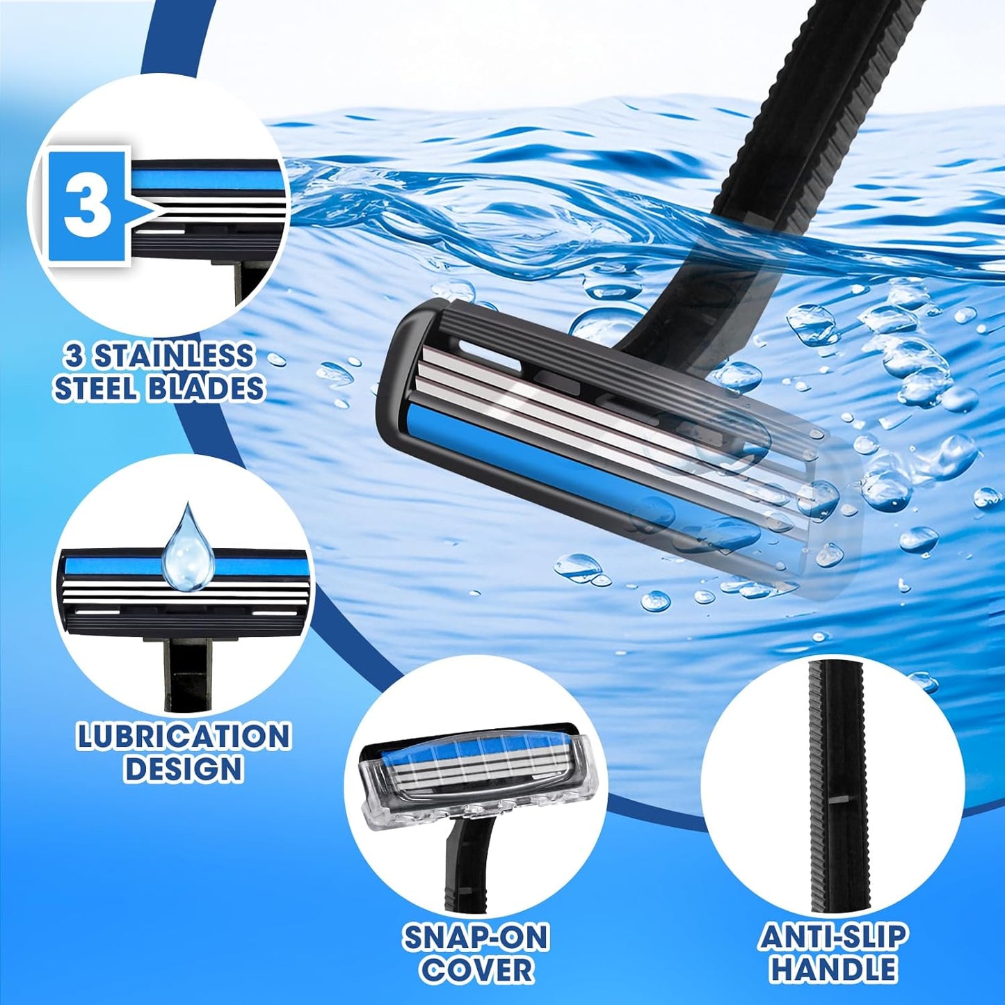 CXYARY 150 Pcs 3 Blade Disposable Razors With Clear Safety Cap, Shaving Razors Bulk for Men &Women, Stainless Steel Blade, Multipurpose Portable Shave Razor for Bathing Hotel Travel, Black