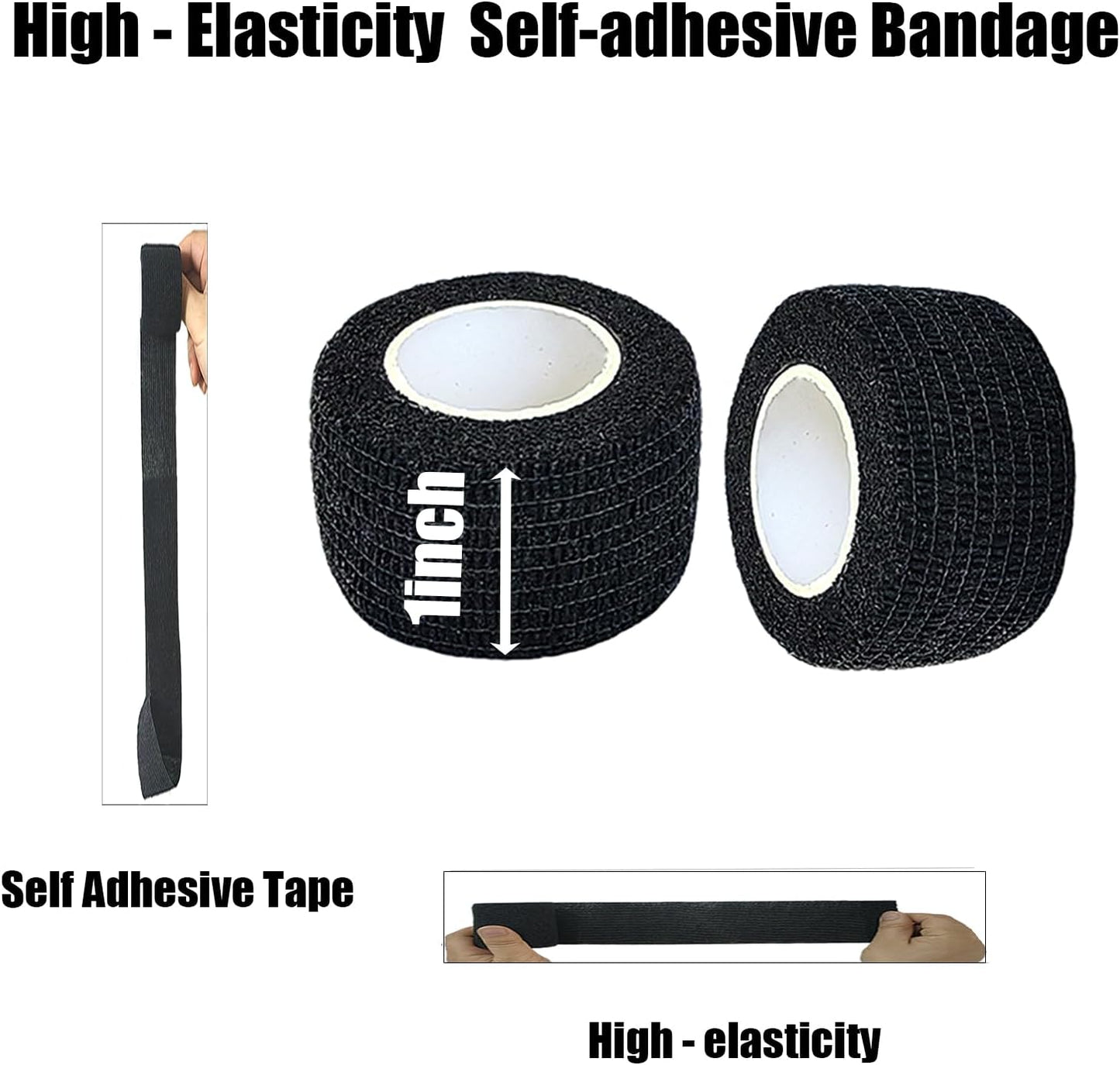Hysiwen 6 Pack 1" x 5 Yards Self Adhesive Bandage Breathable Cohesive Wrap Self Adherent Vet Tape Self Stick Bandage Wrap for Sports, Athletic, Wrist, Ankle(Black)