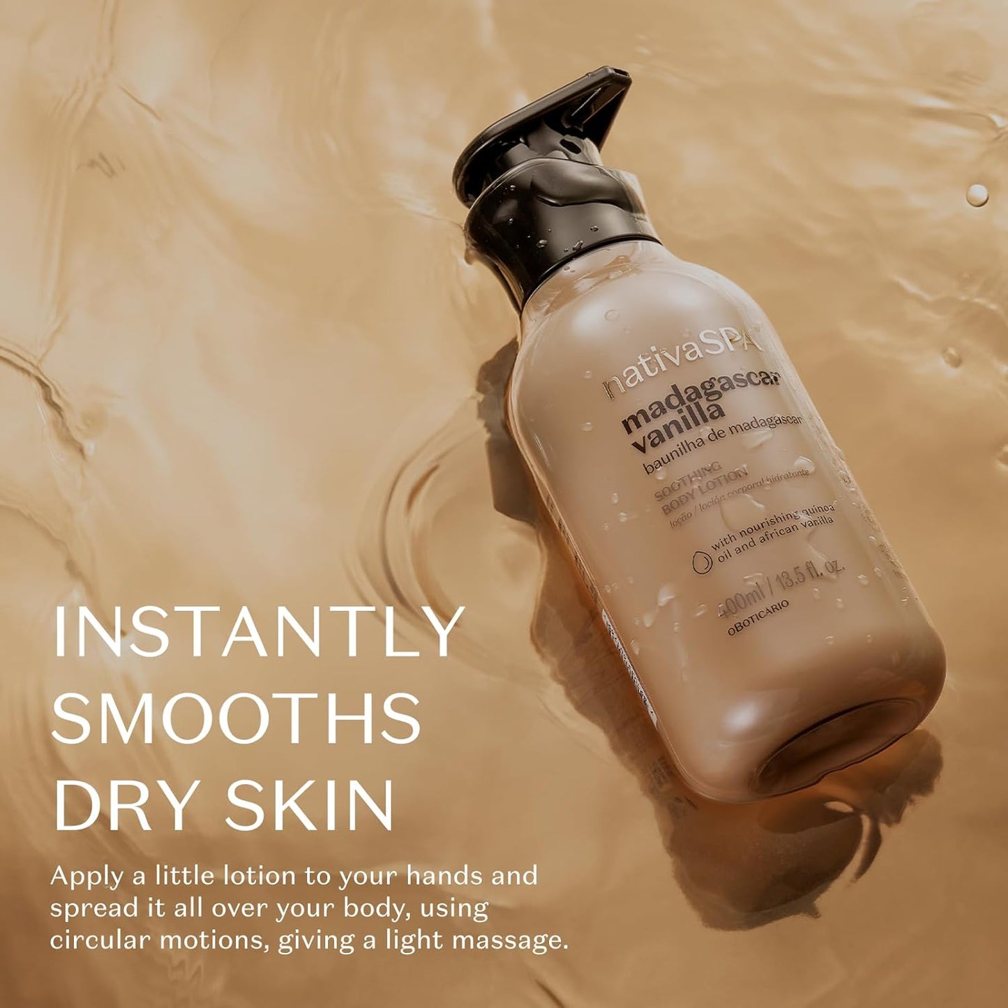 Nativa SPA by O Boticário, Madagascar Vanilla Moisturizing Body Lotion, Fragranced Skin Moisturizer with Purified Quinoa Drops, 13.5 Ounce