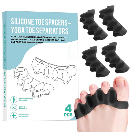 4 Pcs Silicone Toe Spacers – Yoga Toe Separators for Toe Straightening & Relaxation | Correct Overlapping Toes, Bunions, Hammer Toe | Toe Support toe separators for Women & Men (Black, 3.98)