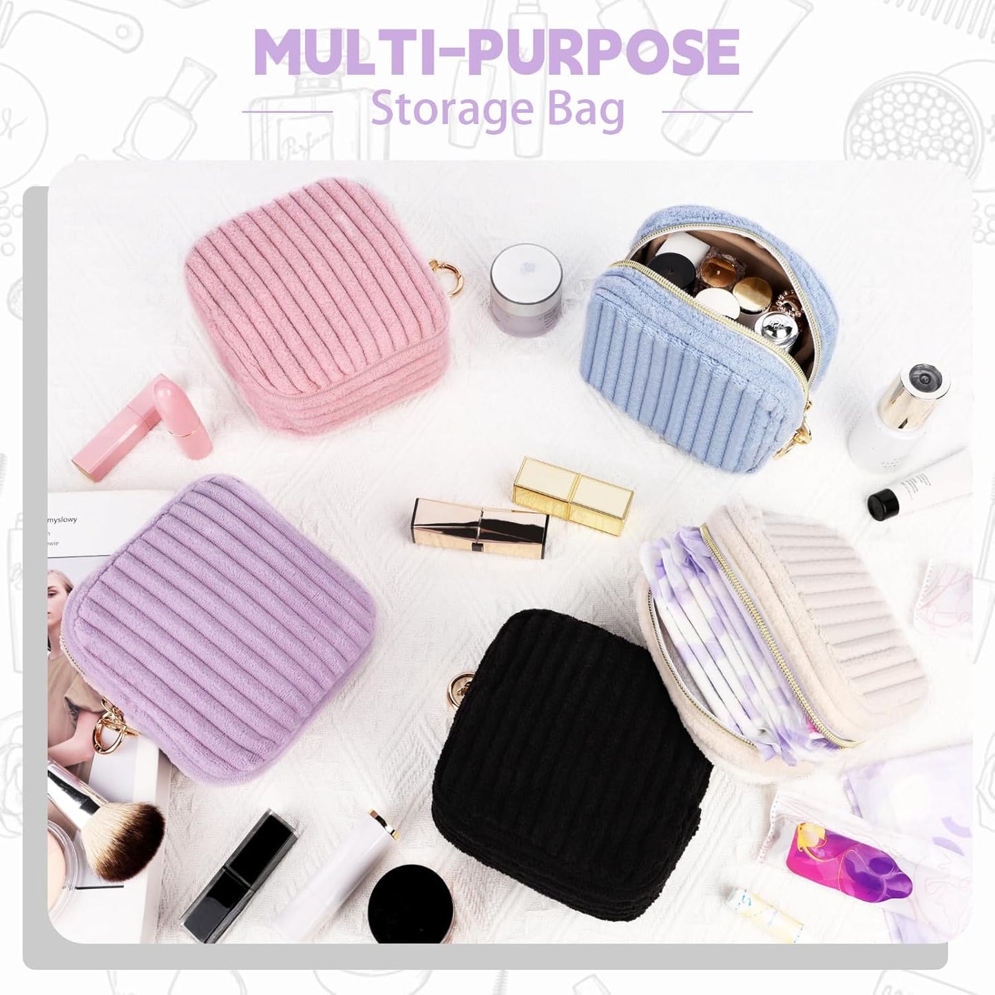 Period Bag for Teen Girls, Corduroy Sanitary Napkin Storage Bag, Fluffy Menstrual Pad PouchTampon Holder for Purse (Purple)