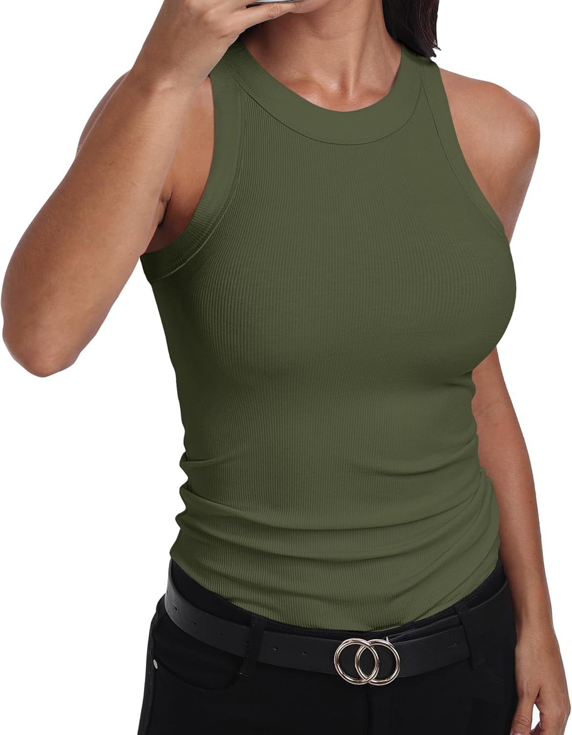 GEMBERA Womens Sleeveless Racerback High Neck Casual Basic Cotton Ribbed Fitted Tank Top