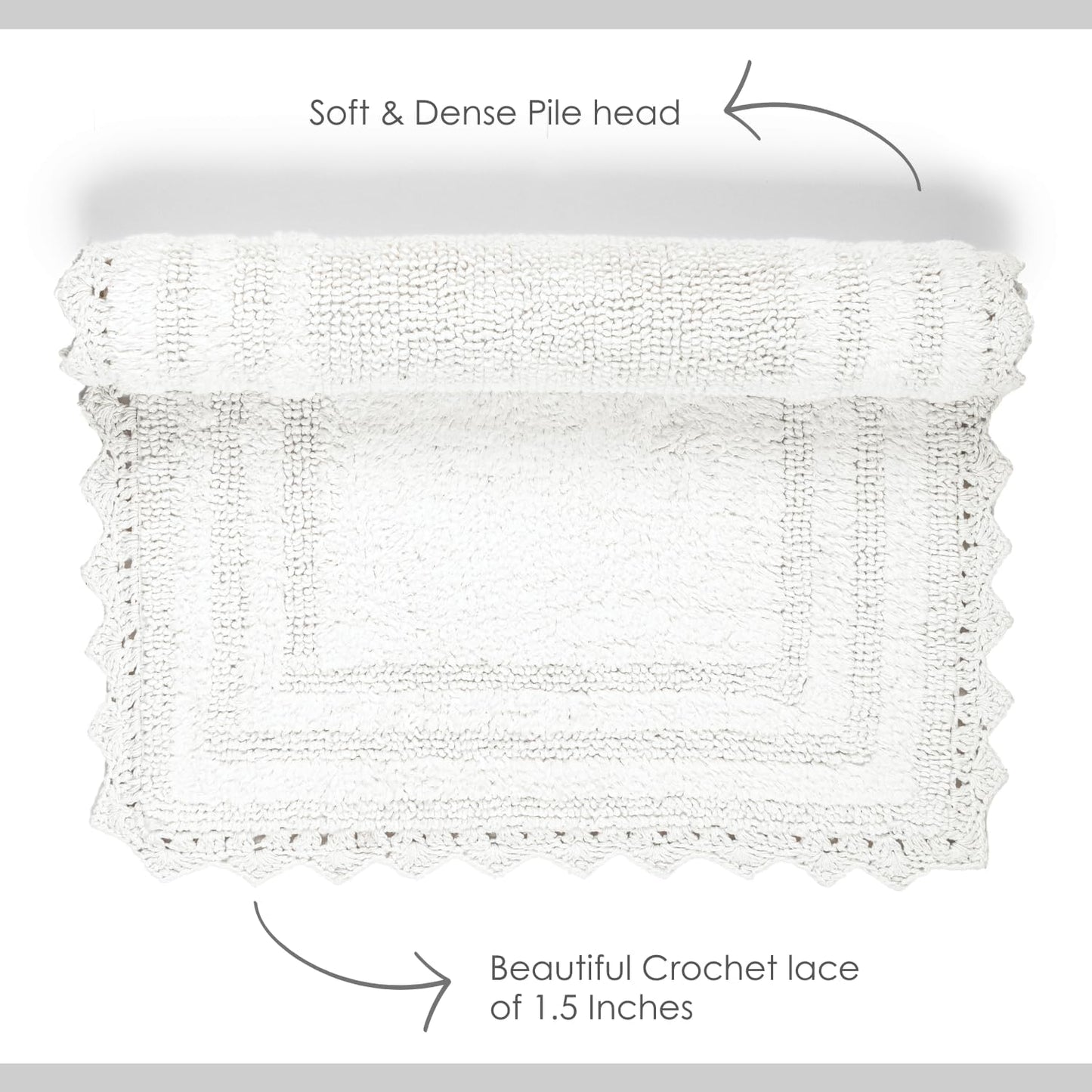 RAJRANG White Cotton Bath Rug 21x34 Inch – Reversible Soft Rectangular Mat with Crochet Border for Bathroom, Kitchen, Entry – Machine Washable & Absorbent