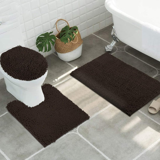 ITSOFT 3pc Non-Slip Shaggy Chenille Bathroom Mat Set, Includes 24 x 21 Inches U-Shaped Contour Toilet Rug, 34 x 21 Inches Bathmat and 1 Toilet Lid Cover, Chocolate Brown